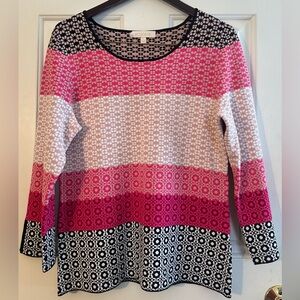 ETCETERA Lrg Geometric Art Teacher Chic Colorblock Slit Bell Sleeve Knit Sweater